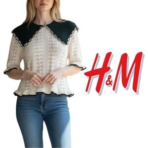 H&M white pointelle knit short sleeve sweater with black peter pan collar Small